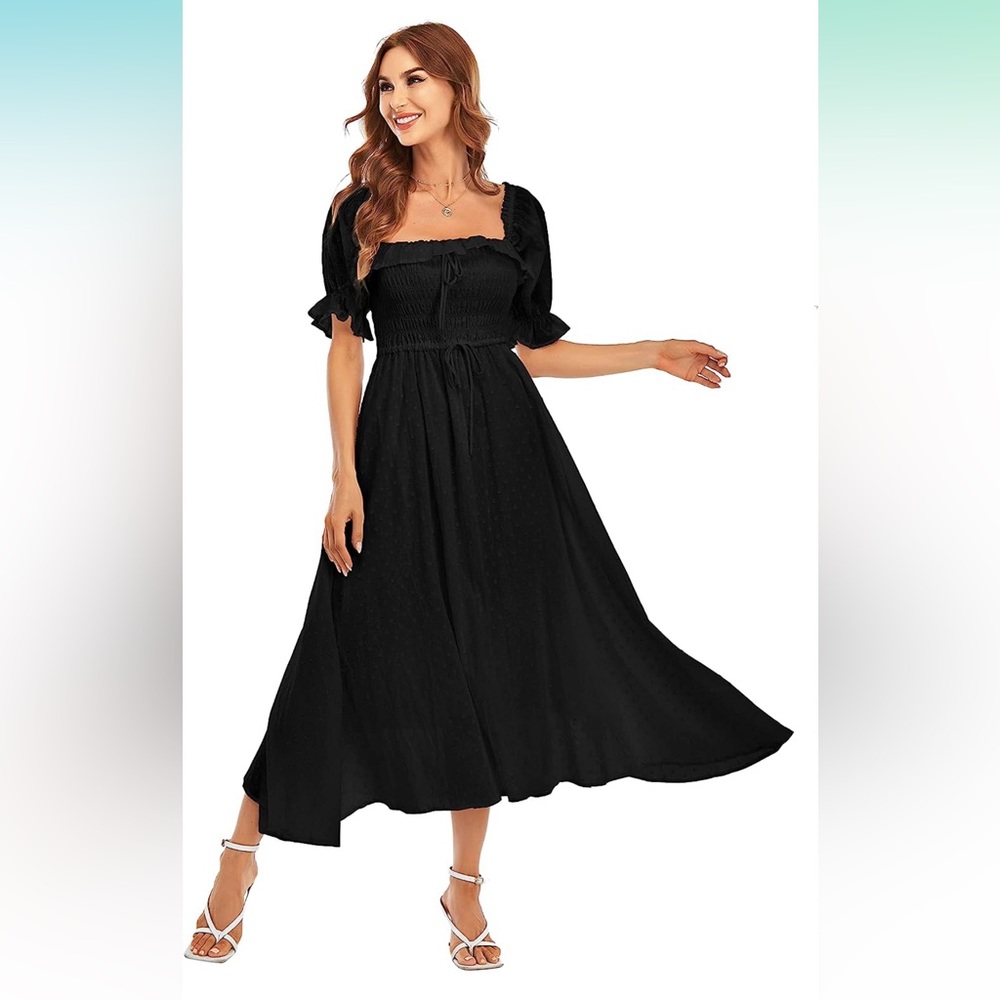 NWT R.Yiposha Black Vintage Elastic Square Neck Ruffle Chenille Midi Dress L